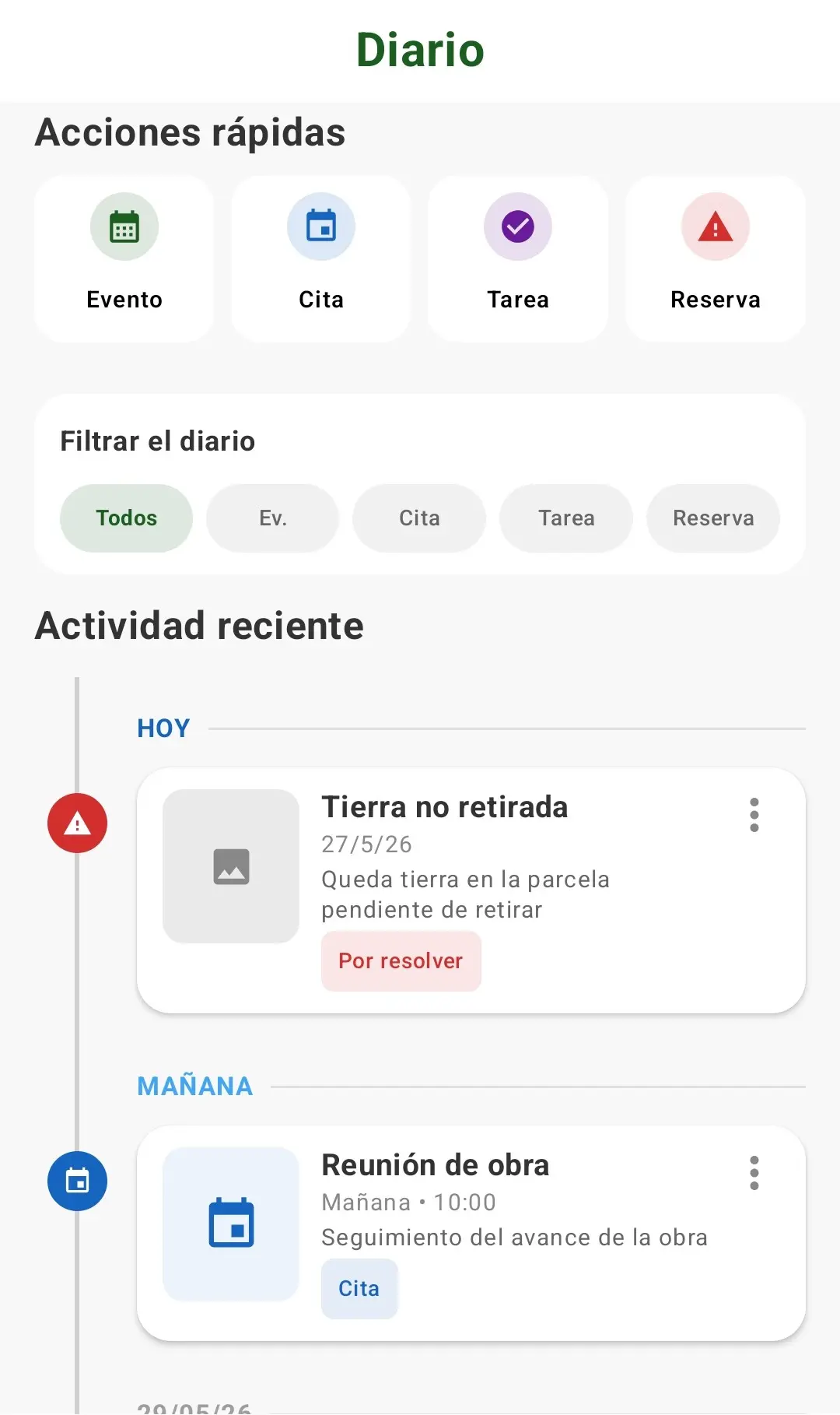 Diario de obra DomuTrack pour suivre tâches, rendez-vous et réserves