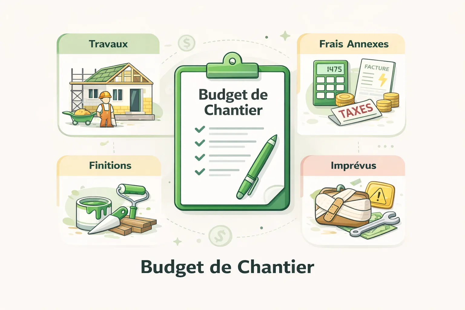 Schéma du budget de chantier : travaux, frais annexes, finitions et imprévus
