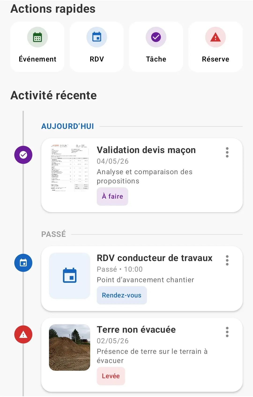 Journal de chantier DomuTrack pour suivre tâches, rendez-vous et réserves